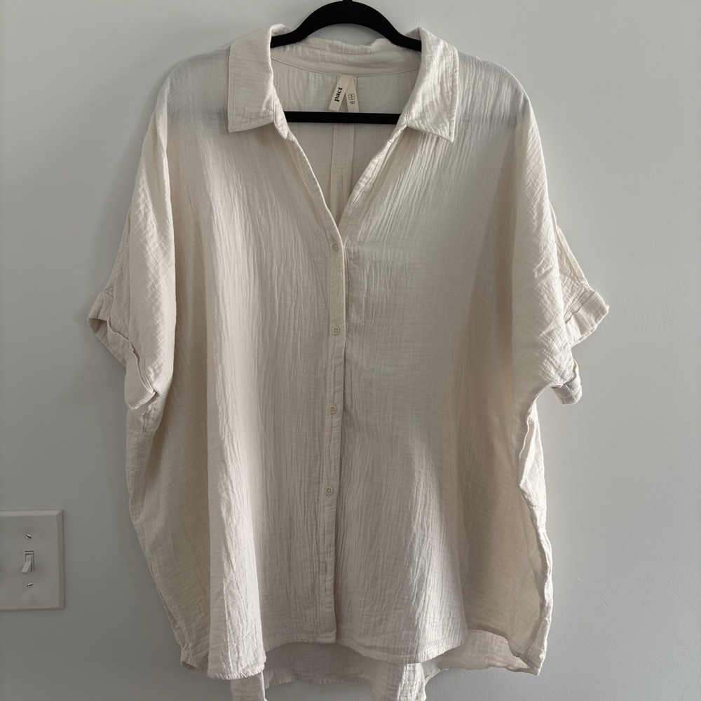 Pact Top Womens M/L Relaxed Gauze Button Up Short Sleeve Organic Cotton Casual